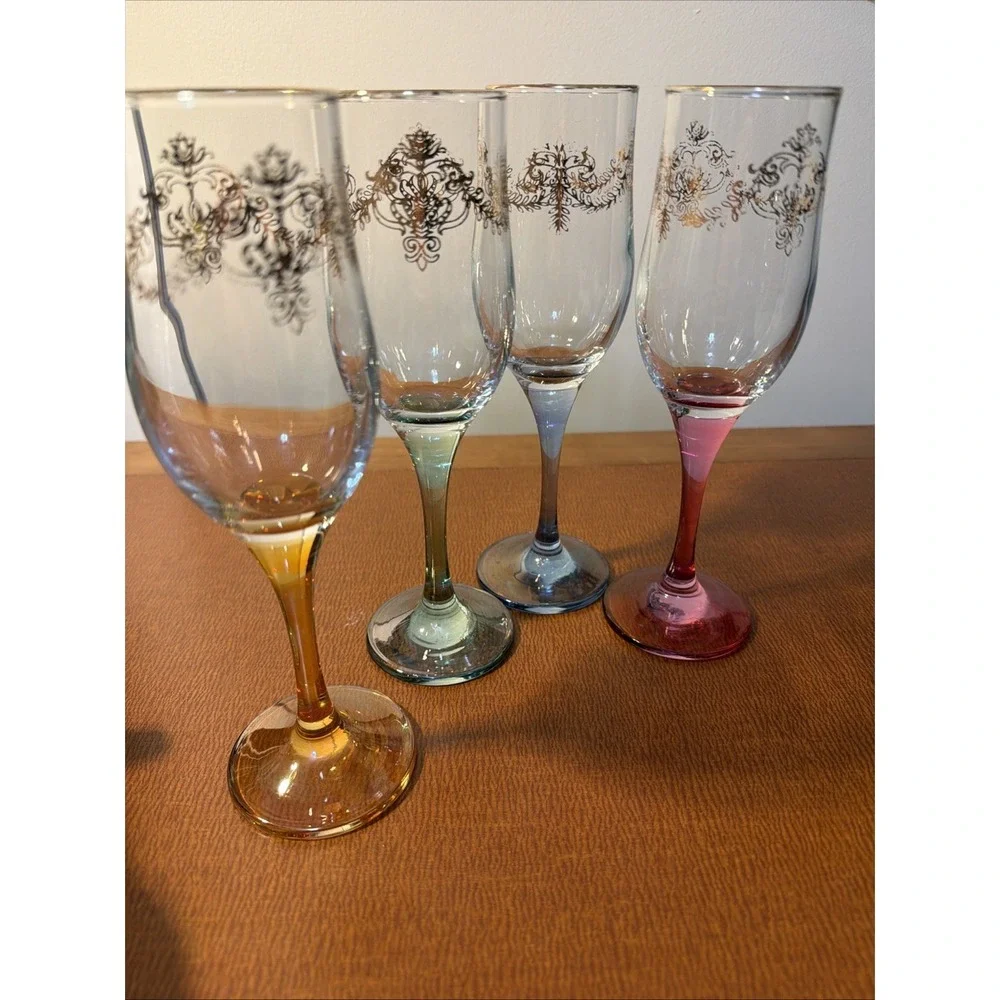 Vtg Champagne Toasting Flutes Colored Iridescent Stem Gold Trim Wedding Set Of 4